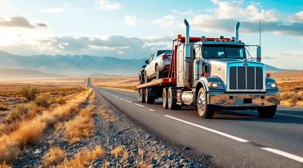 A flatbed tow truck transporting a sedan on Interstate 10 in New Orleans, professional vehicle relocation service.