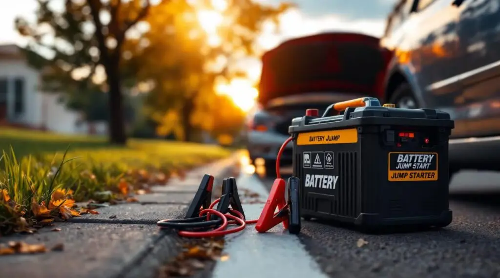 A professional roadside technician jump-starting a vehicle's dead battery on a New Orleans street.