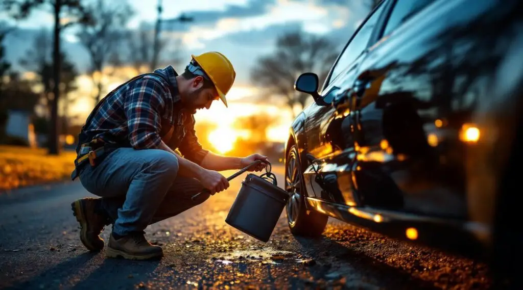 A professional roadside technician safely unlocking a car door with specialized lockout tools in New Orleans under warm afternoon light.