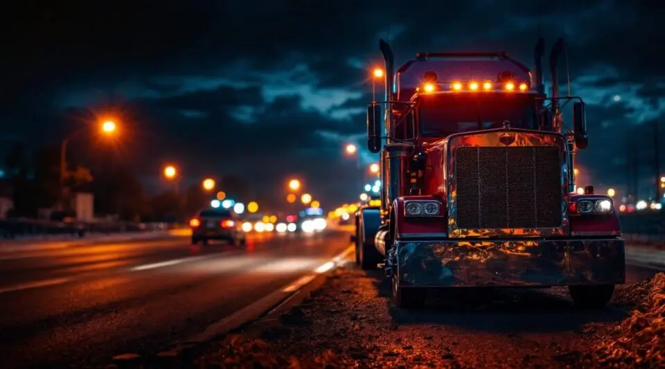 A Kam's flatbed tow truck loading a disabled vehicle at night on a New Orleans street with flashing amber warning lights.