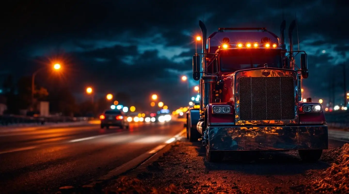A Kam's flatbed tow truck loading a disabled vehicle at night on a New Orleans street with flashing amber warning lights.