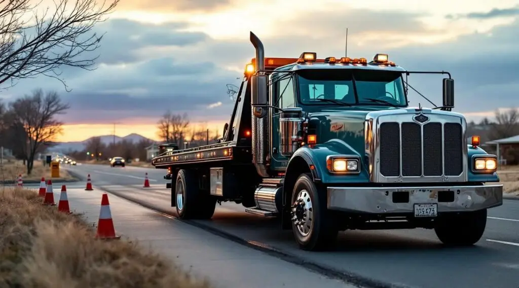 A flatbed tow truck loading a vehicle on Old Gentilly Road in New Orleans under a warm golden hour sky.