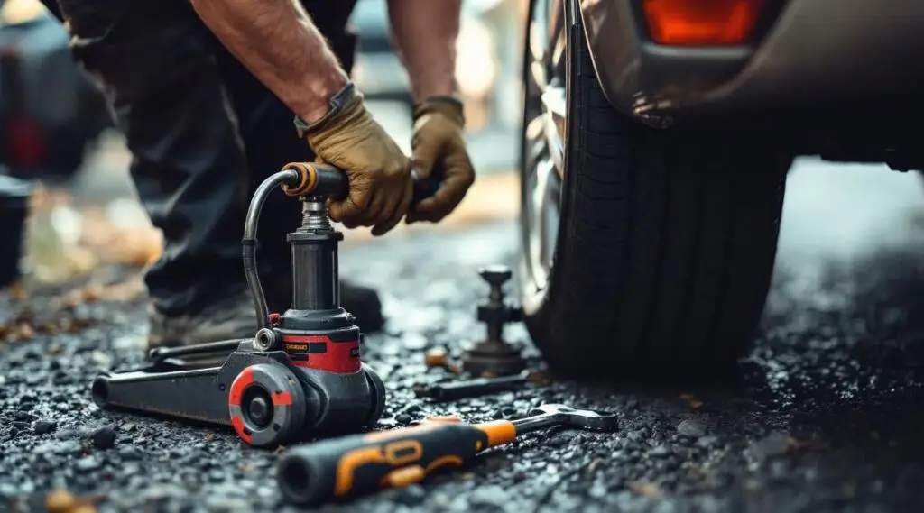 A professional tow operator changing a flat tire on a vehicle parked safely along a New Orleans highway shoulder at twilight.