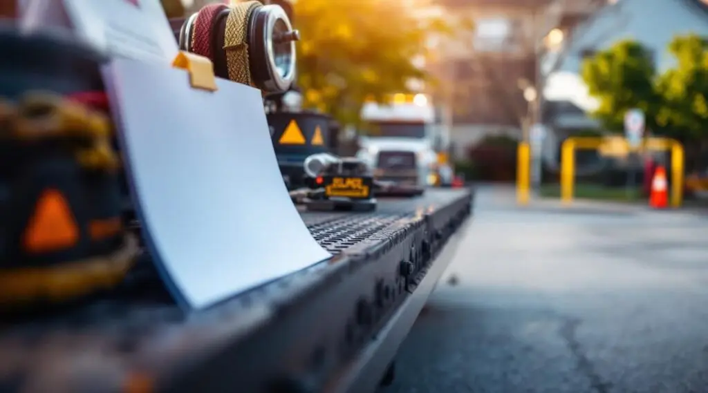 A Kam's Towing flatbed truck legally removing an unauthorized vehicle from a commercial parking lot in New Orleans.