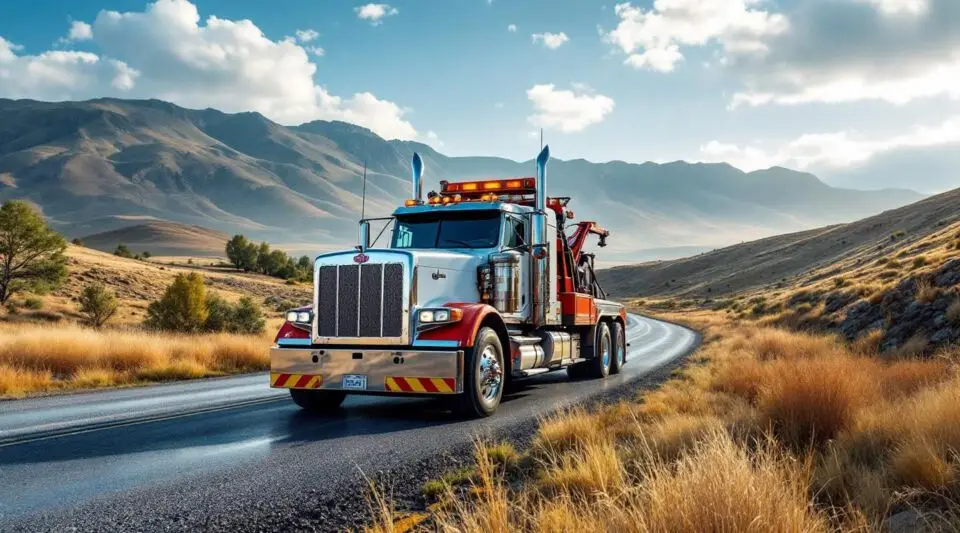 A professional heavy-duty wrecker truck recovering a vehicle on a New Orleans road at twilight with cinematic lighting.