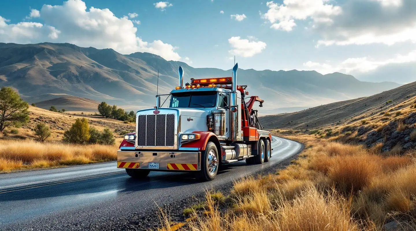 A professional heavy-duty wrecker truck recovering a vehicle on a New Orleans road at twilight with cinematic lighting.