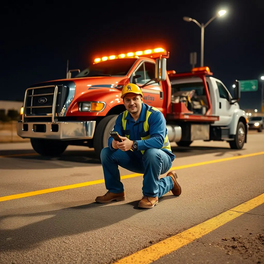 A flatbed tow truck operator preparing to load a car safely on a residential street in Metairie.